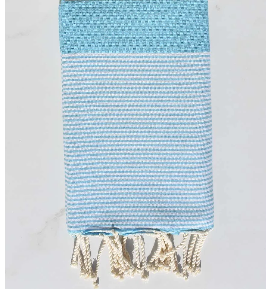 Toalla de playa nido abeja azul maya claro con rayas Fouta Tunisia - 1