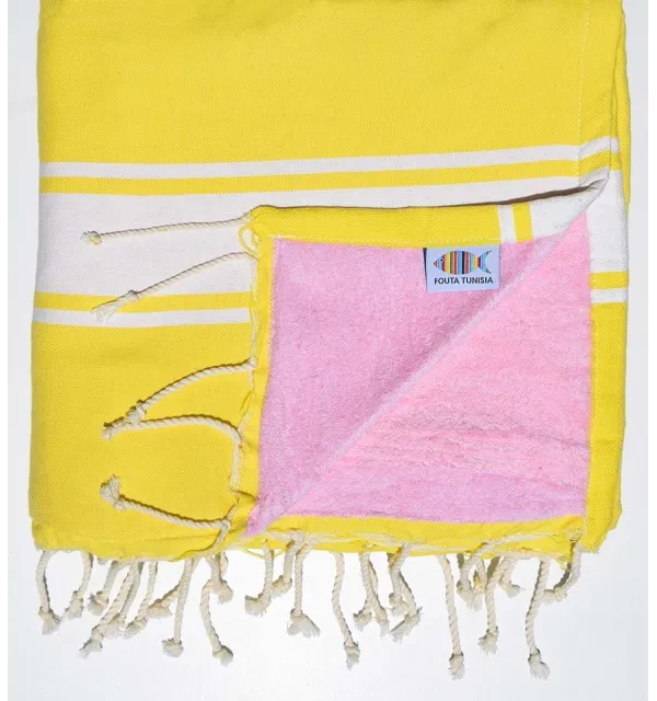 Toalla de playa esponja amarilla y rosa claro Fouta Tunisia - 1