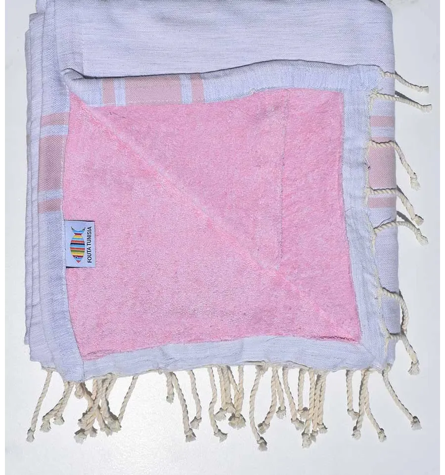 Toalla de playa esponja  gris claro rayas rosa claro Fouta Tunisia - 1