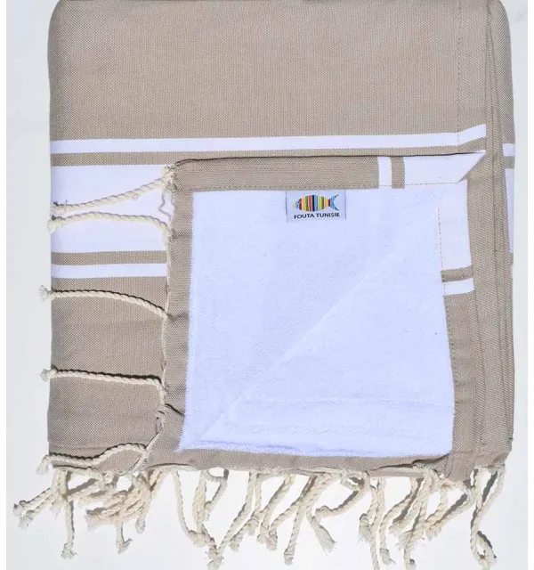 Toalla de playa esponja beige oscuro y blanco Fouta Tunisia - 1