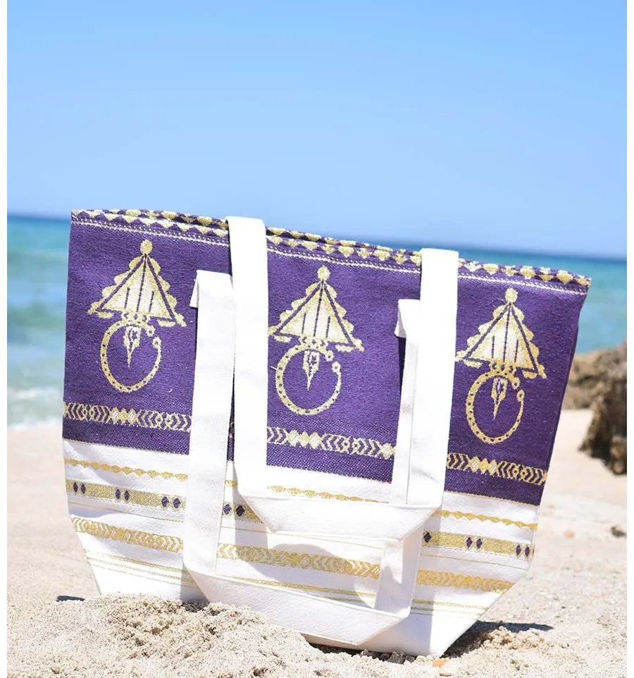 Bolso de playa khlela blanco crema y violeta Fouta Tunisia - 1