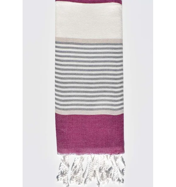 Toalla de playa para niños blanco crema a rayas ciruela, beige y gris Fouta Tunisia - 1