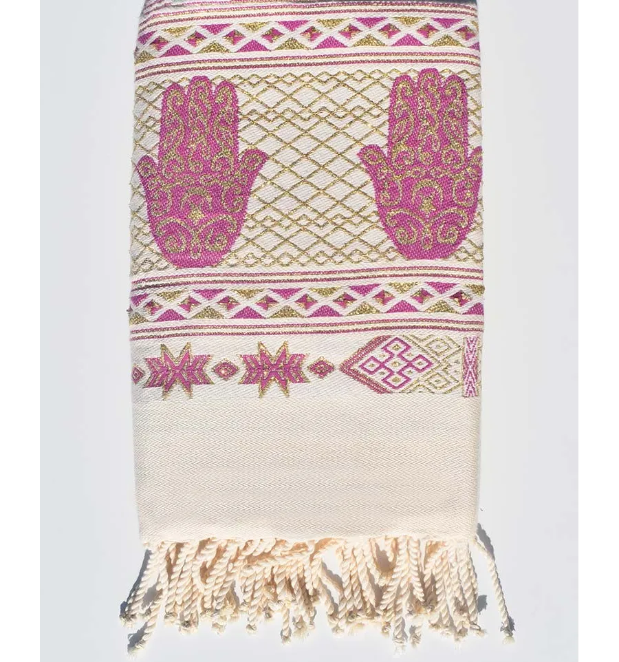 Fouta blanco crema khomsa violeta Fouta Tunisia - 1