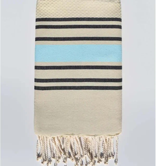 Toalla de playa nido de abeja beige rayas azul claro y antracita Fouta Tunisia - 1