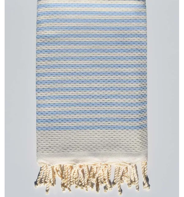 Toalla de playa nido de abeja blanca crema rayas 1 cm azul claro Fouta Tunisia - 1