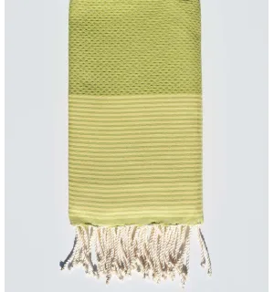 Toalla de playa de nido de abeja verde pistacho con rayas amarillo mantequilla Fouta Tunisia - 1