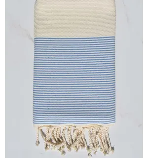 Toalla de playa nido de abeja beige claro rayado azul Fouta Tunisia - 1