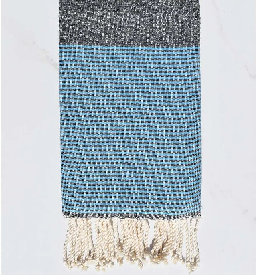 Toalla de playa nido de abeja gris rayas azul celeste Fouta Tunisia - 1