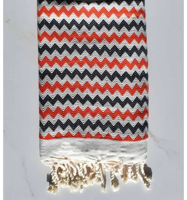 Toalla de playa de zigzag Blanco, rojo brillante y negro Fouta Tunisia - 3