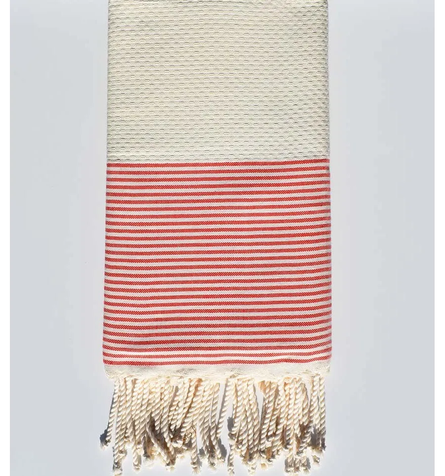 Toalla de playa de nido de abeja blanco crema con rayas rojas de capuchina Fouta Tunisia - 1