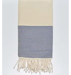 Toalla de playa de nido de abeja crudo con rayas azul oscuro Fouta Tunisia - 1