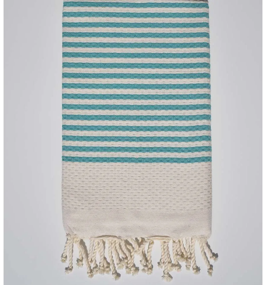 Toalla de playa a rayas nido de abeja 1 cm raya verde azulado Fouta Tunisia - 1