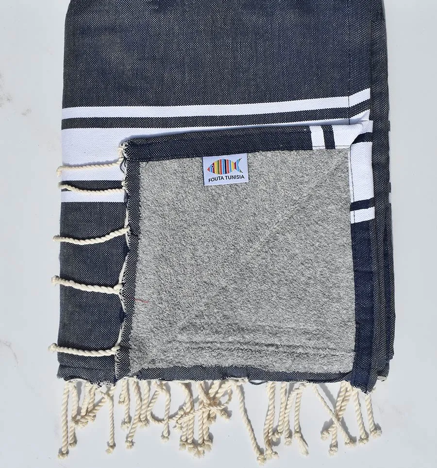 Toalla de playa azul oscuro con esponja gris Fouta Tunisia - 1