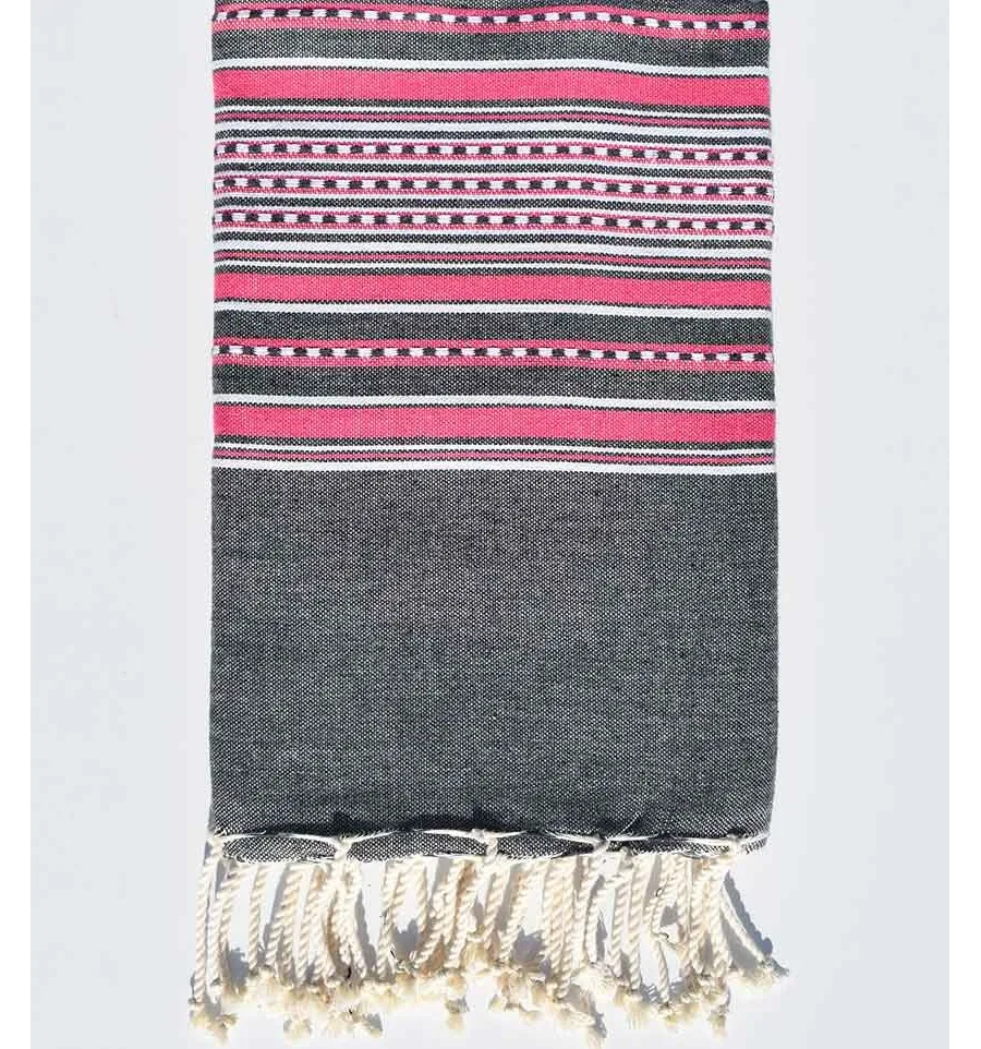 Toalla de playa arabesco gris con rayas rosas Fouta Tunisia - 1