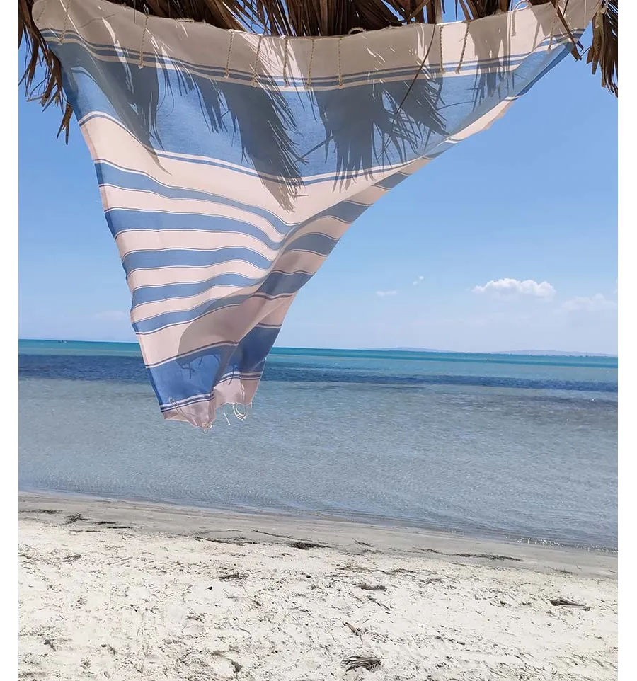 Toalla de playa RAF-RAF aaciano azul y rosa pastel pálido Fouta Tunisia - 3