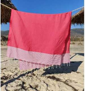 Toalla playa nido de abeja fucsia a rayas blancas Fouta Tunisia - 1 2