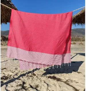 Toalla playa nido de abeja fucsia a rayas blancas Fouta Tunisia - 1 2