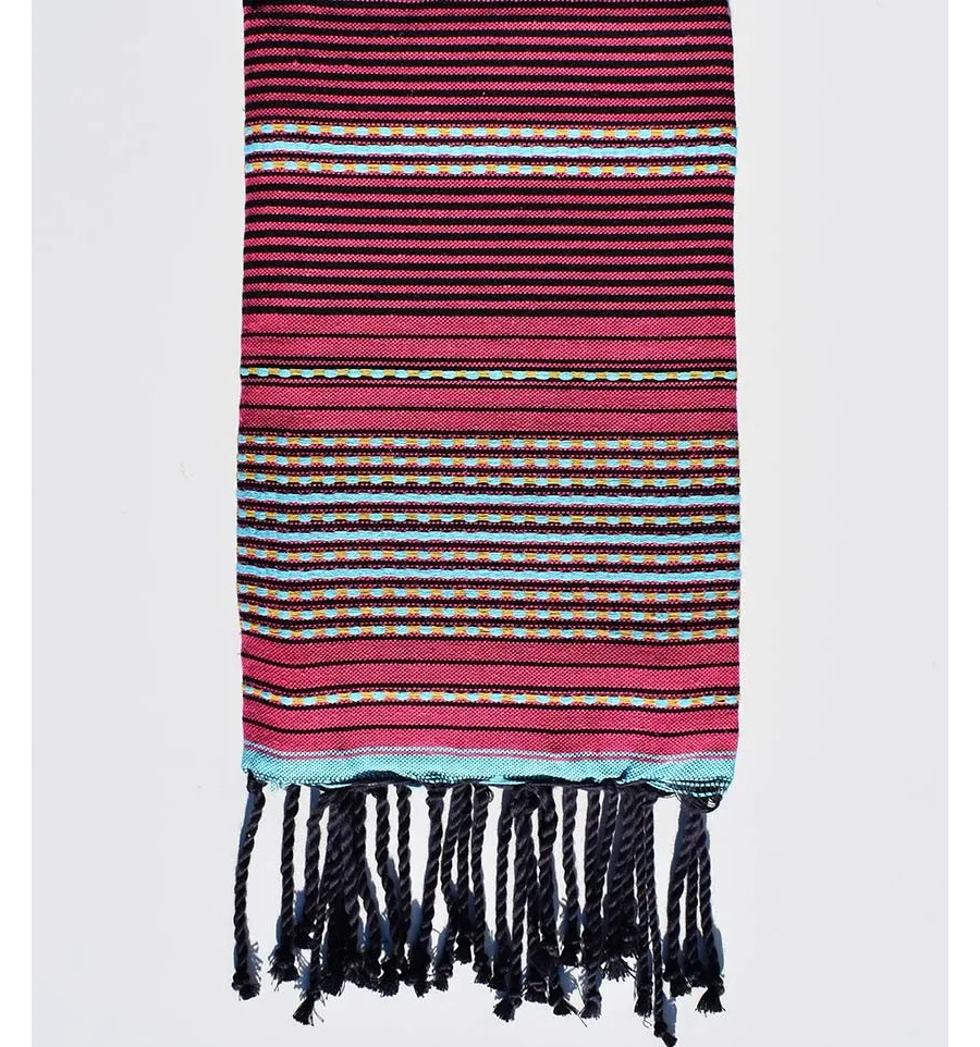 Toalla de playa arabesco rosa con rayas negras y celestes Fouta Tunisia - 1