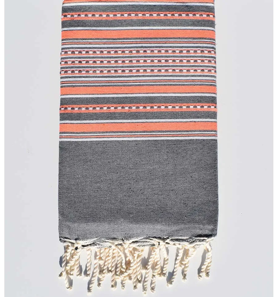 Toalla de playa arabesco gris con rayas naranja neón Fouta Tunisia - 1