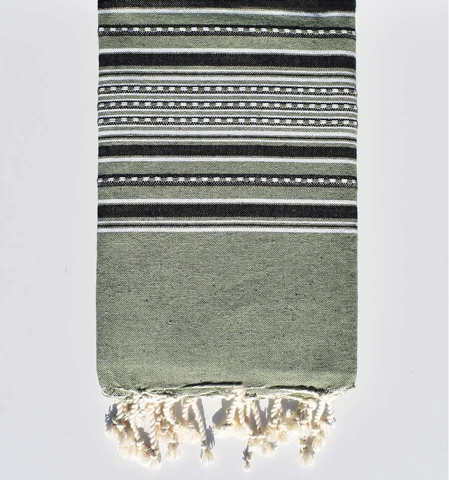 Toalla de playa arabesco verde musgo con rayas gris antracita Fouta Tunisia - 1