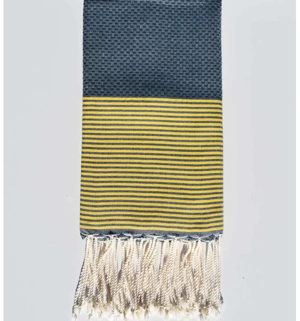 Toalla de playa nido de abeja azul mineral con rayas amarillas Fouta Tunisia - 1