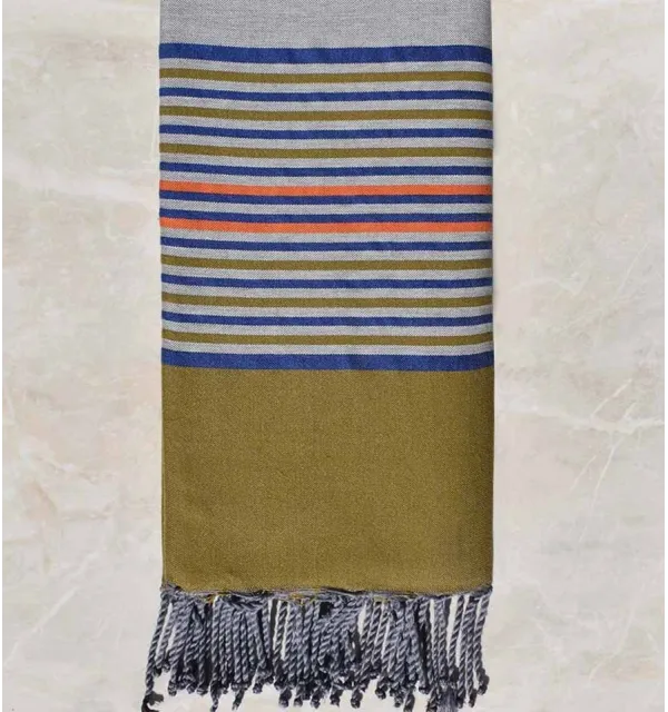 Fouta gigante gris con rayas azules, verde caqui y naranjas  - 2