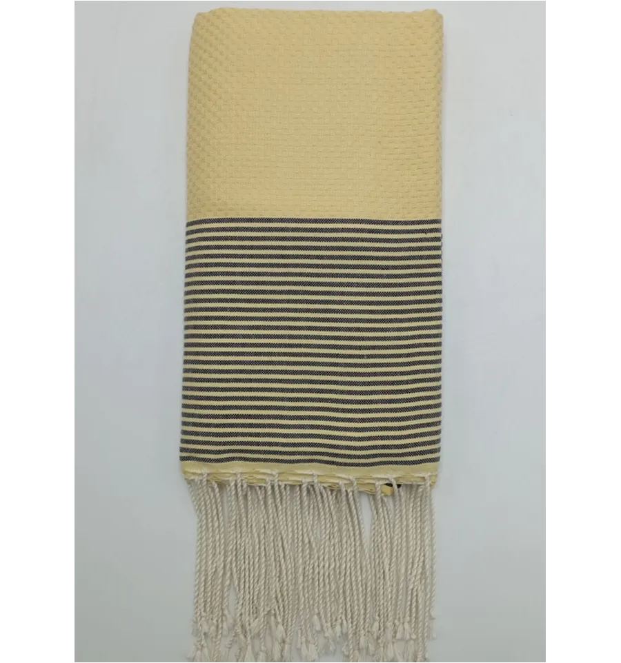 Toalla de playa nido de abeja amarillo pálido con rayas antracita Fouta Tunisia - 1