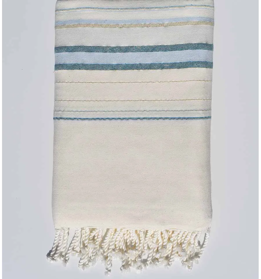 Toalla de playa gigante Fadhila blanco crema, azul claro y azul celeste con lurex Fouta Tunisia - 1