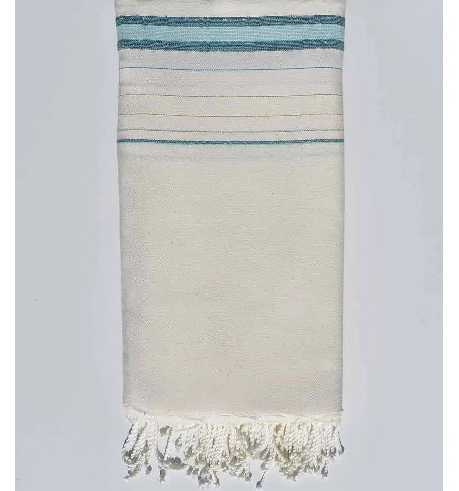 Toalla de playa gigante Fadhila blanco crema, azul celeste y verde agua con lurex Fouta Tunisia - 1