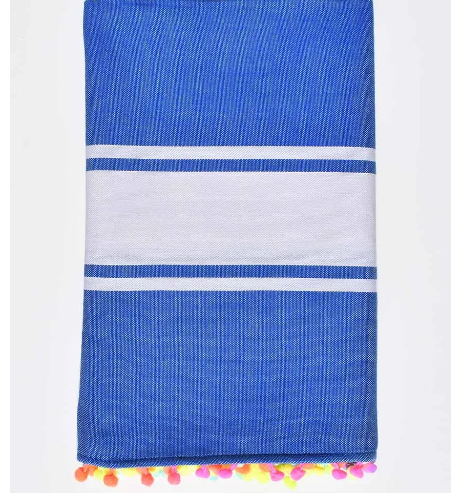 Toalla de playa azul con pompones multicolor Fouta Tunisia - 1