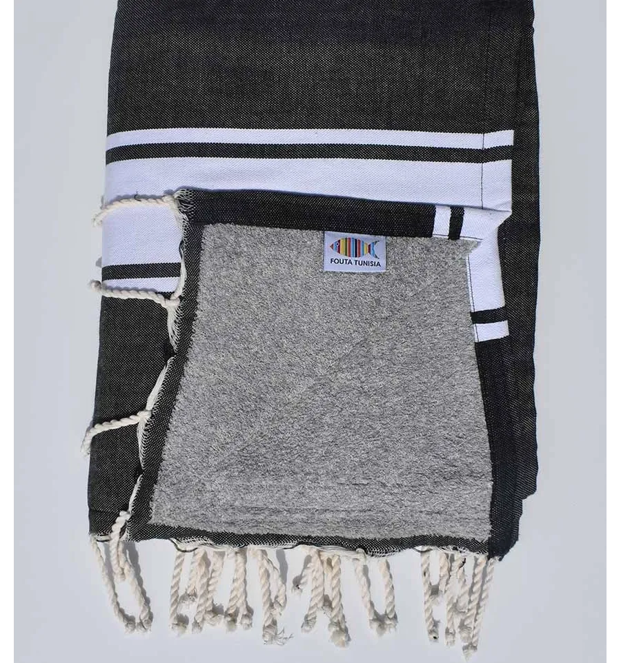 Toalla de playa gris negro forrada con esponja gris claro Fouta Tunisia - 1