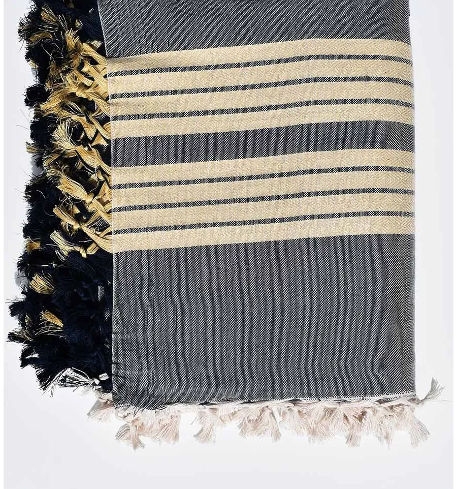 Grande fouta 4 flecos azul oscuro y crudo Fouta Tunisia - 2