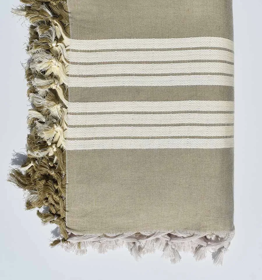 Grande fouta 4 flecos verde caqui y blanco crema Fouta Tunisia - 1