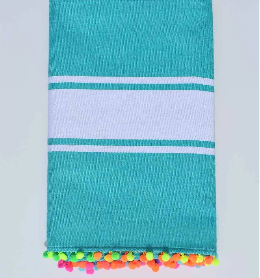 Toalla de playa turquesa con pompones Fouta Tunisia - 1