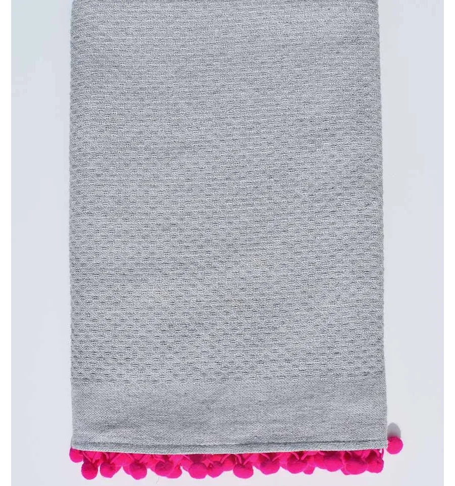 Toalla de playa nido de abeja gris con pompones rosas Fouta Tunisia - 1