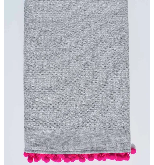 Toalla de playa nido de abeja gris con pompones rosas Fouta Tunisia - 1