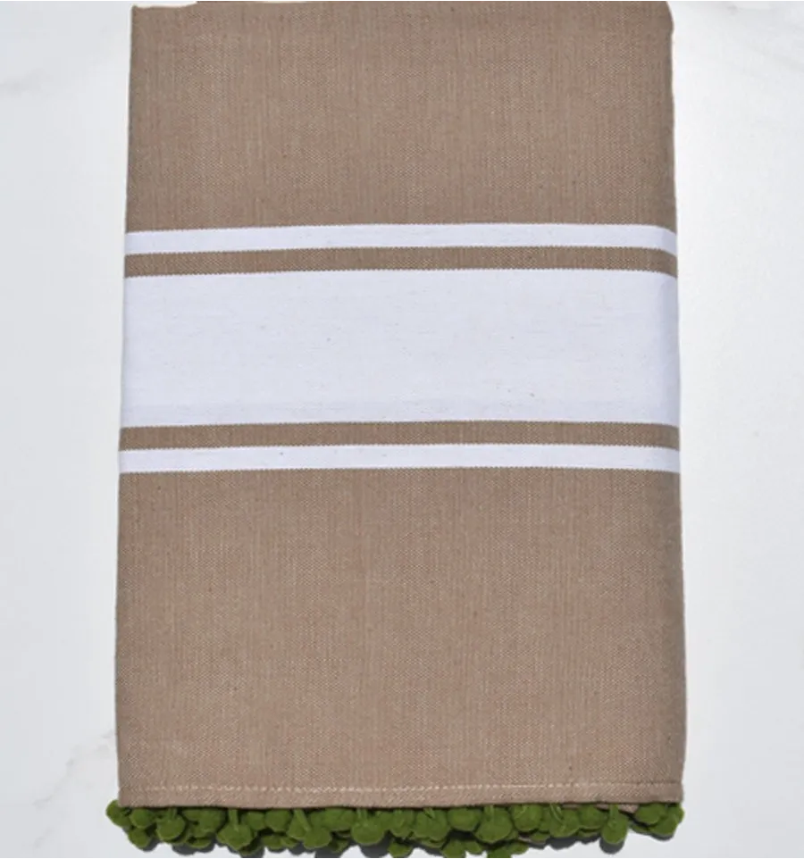 Toalla de playa beige sepia con pompones Fouta Tunisia - 1