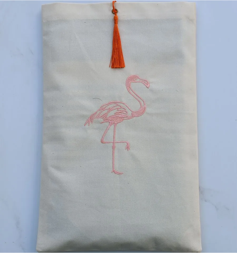 Bolsa beige claro con bordado de flamencos y pompón naranja Fouta Tunisia - 1