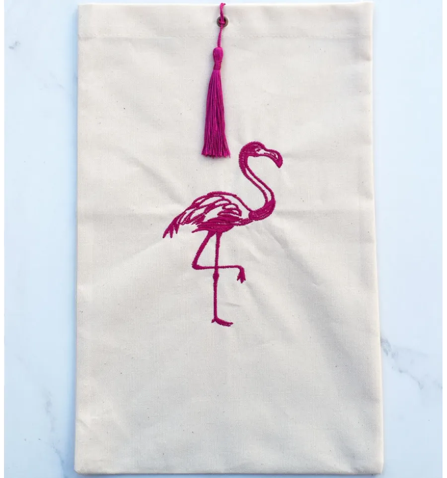 Bolsa beige claro con bordado de flamencos y pompón rosa Fouta Tunisia - 1