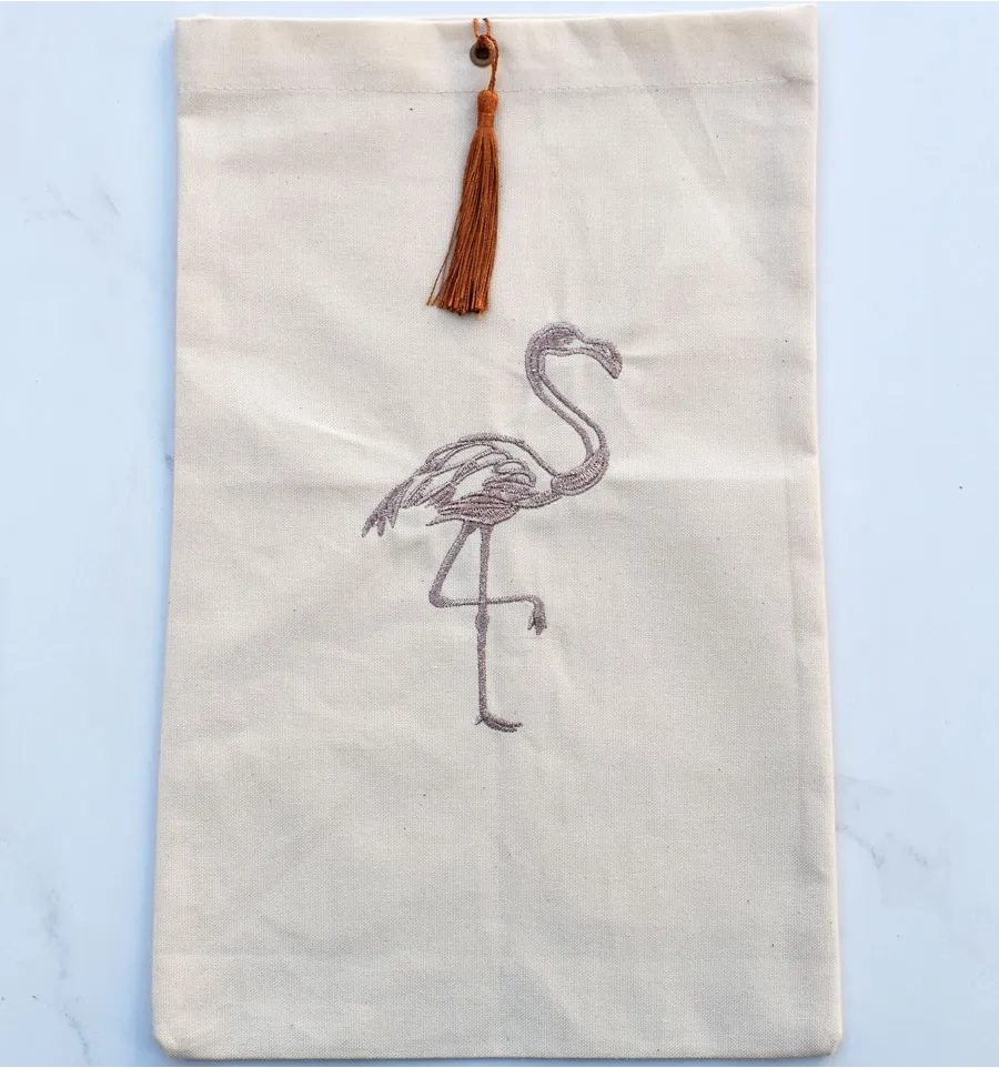 Bolsa beige claro con bordado de flamencos y pompón óxido Fouta Tunisia - 1