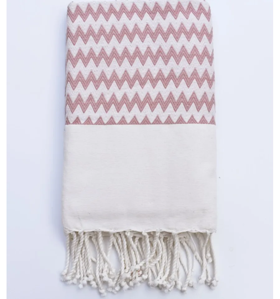 Toalla de playa zigzag rosa viejo y blanco crema Fouta Tunisia - 1