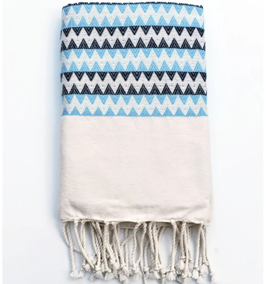 Toalla de playa zigzag blanco crema, azul celeste y azul pizarra Fouta Tunisia - 1