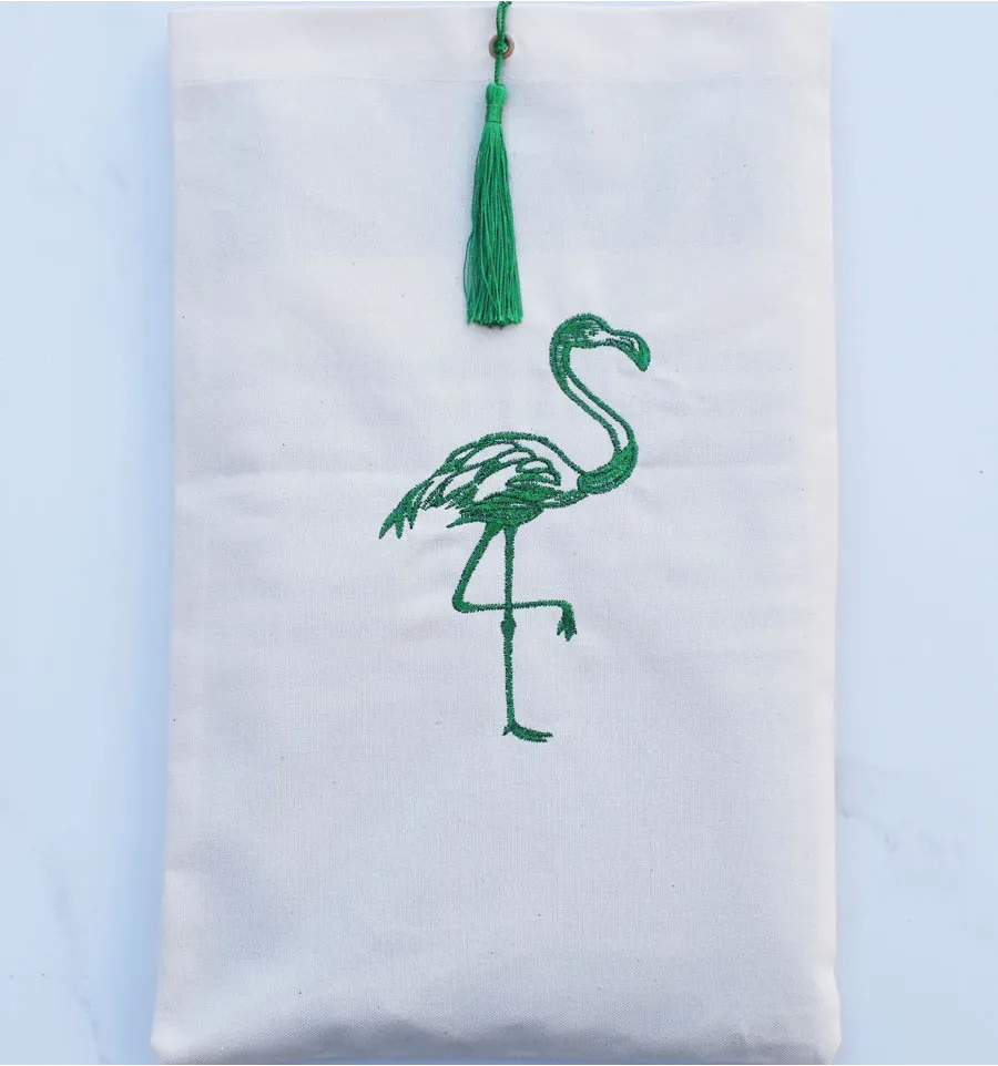 Bolsa beige claro con bordado de flamencos y pompón verde Fouta Tunisia - 1