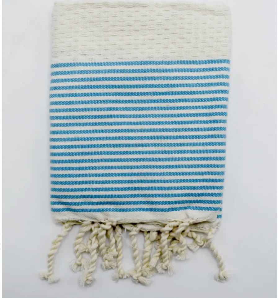 Juego de 10 servilletas blanco crema con rayas azul celeste Fouta Tunisia - 1