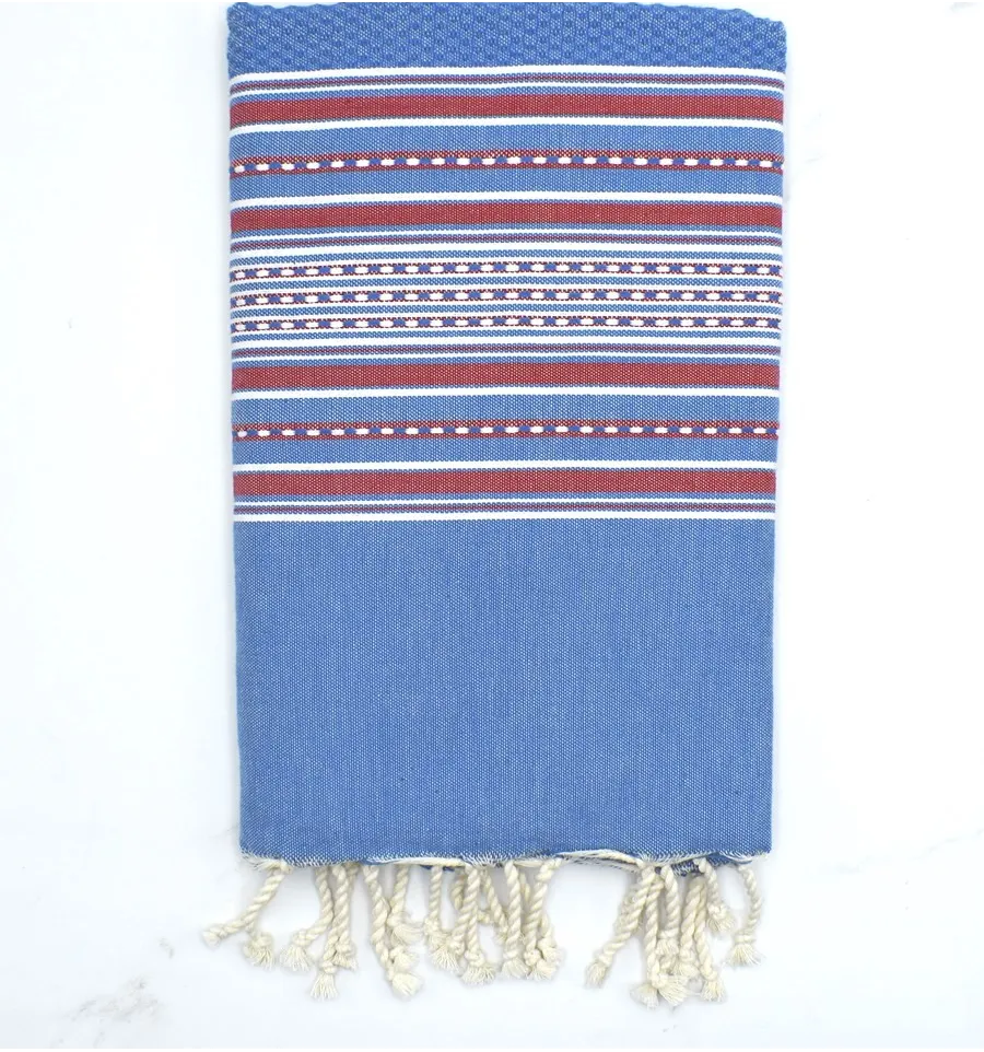 Toalla de playa arabesco azul real con rayas rojas Fouta Tunisia - 1