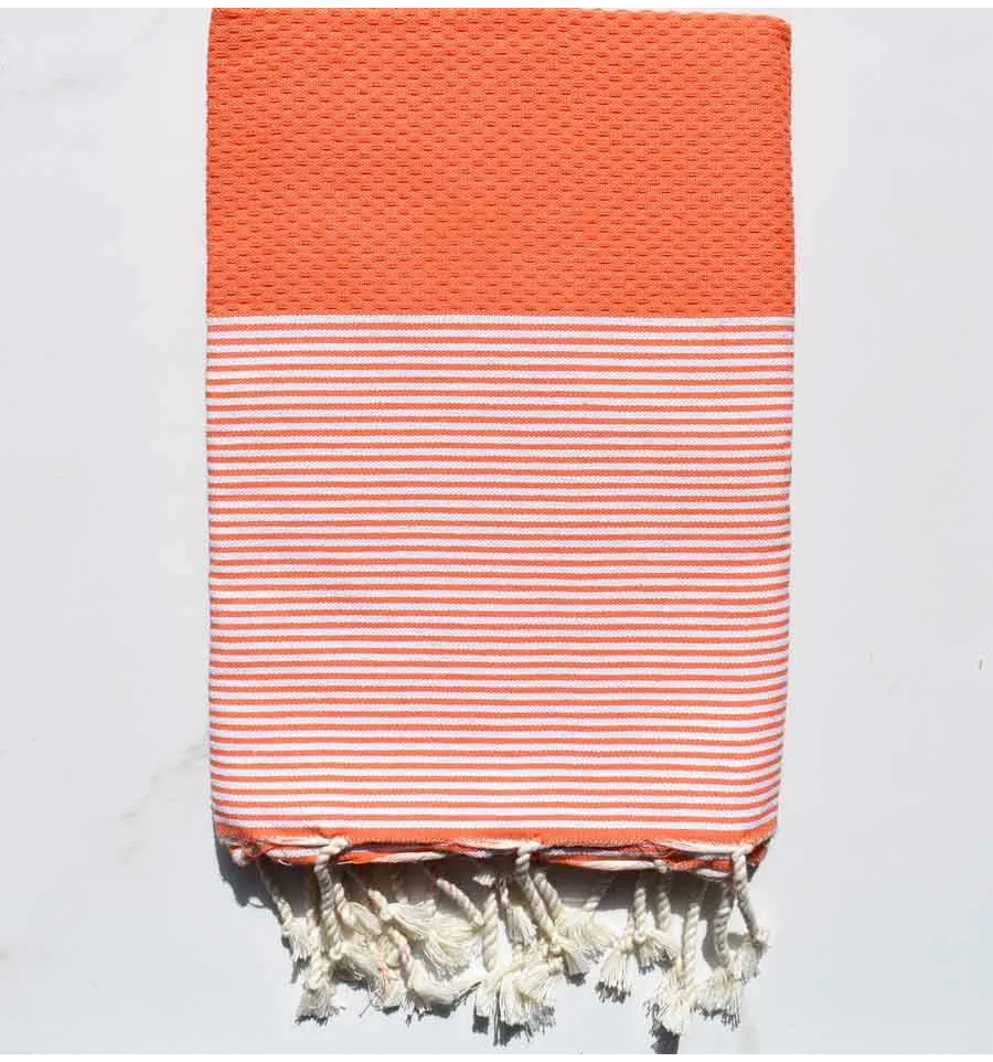 Toalla de playa nido de abeja coral naranja rayas blanco Fouta Tunisia - 1