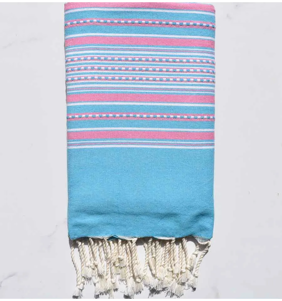 Toalla de playa arabesco celeste a rayas rosa pastel Fouta Tunisia - 1