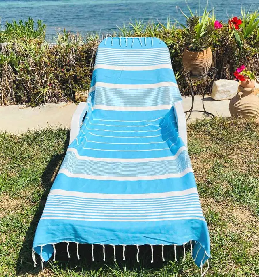 Toalla de playa Arthur azul celeste con rayas Fouta Tunisia - 1