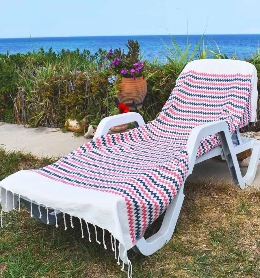 Toalla de playa zigzag blanco crema, rosa y azul oscuro Fouta Tunisia - 1