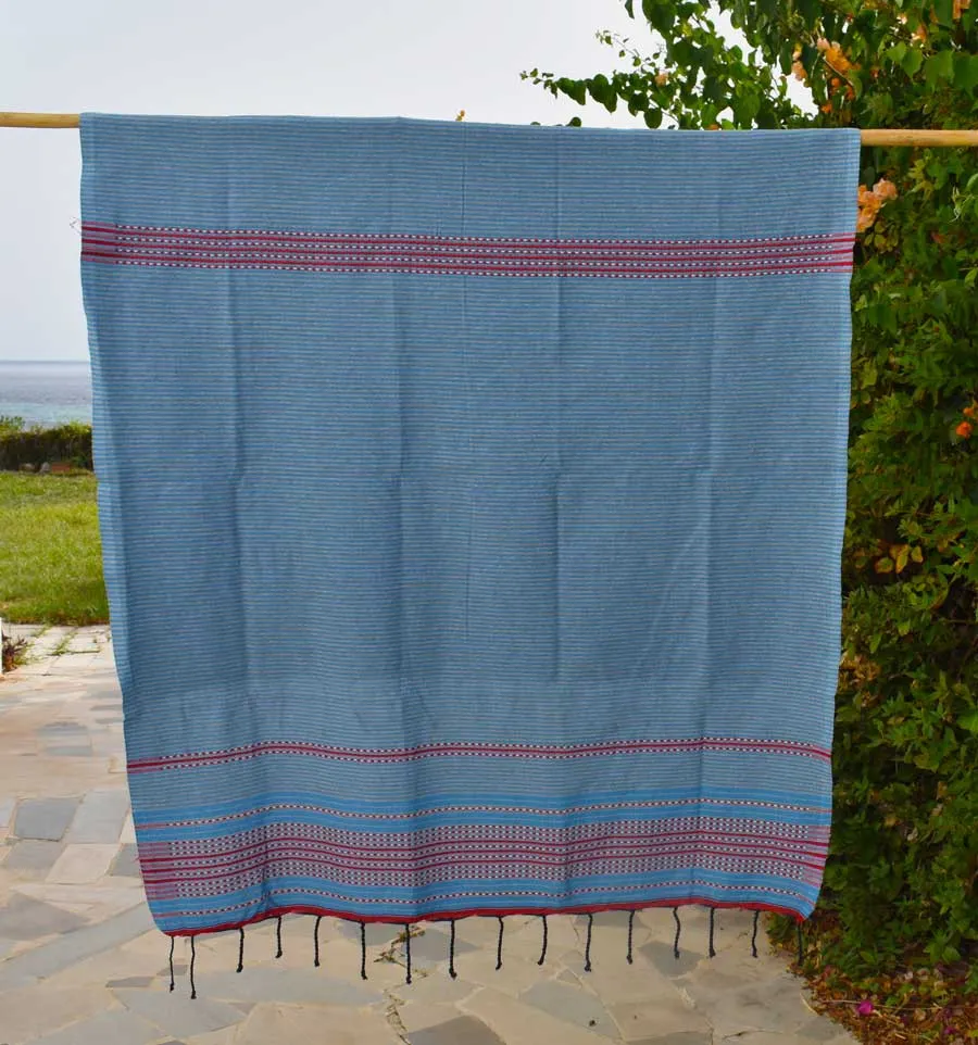 Toalla de playa arabesco azul claro, gris claro y rojo Fouta Tunisia - 1